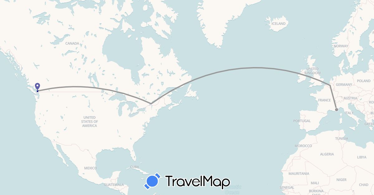 TravelMap itinerary: driving, bus, plane, hiking in Belgium, Canada, France (Europe, North America)